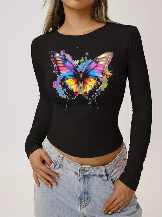 Schwarzes Damen Long Sleeve mit DTF Schmetterling Design